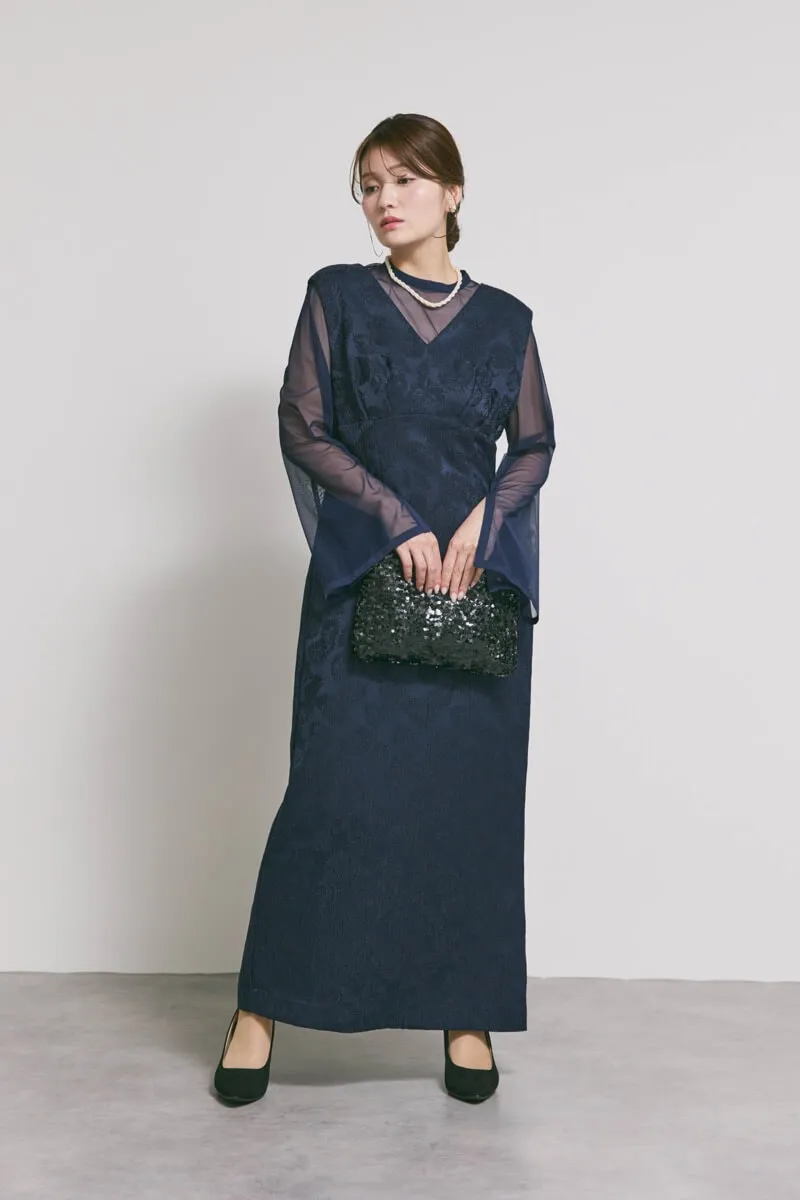 ネイビーのジャガードIラインドレス AIMER