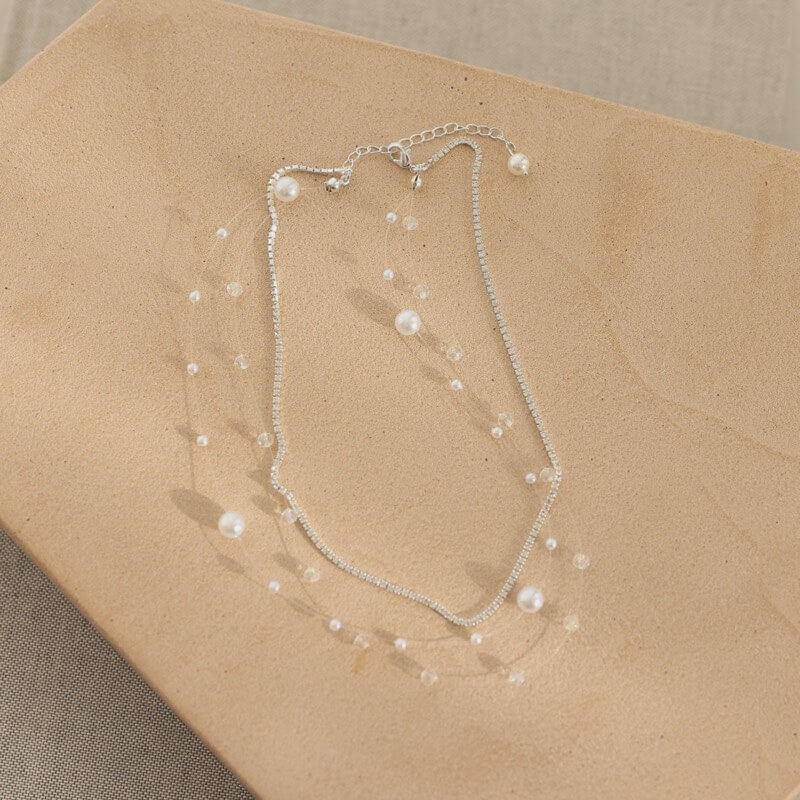 ワイヤーパールとシルバービジュネックレス