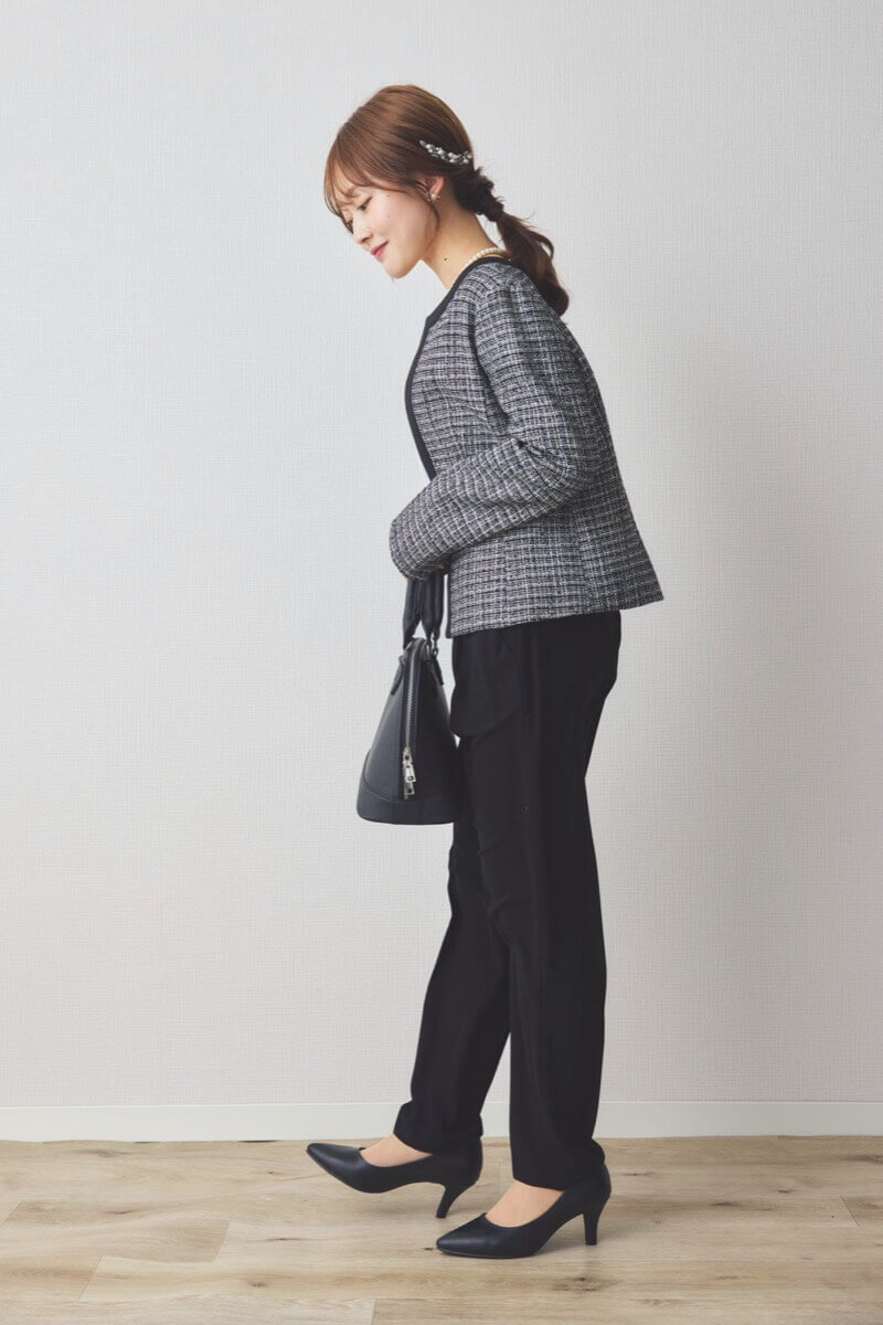 ブラックのツイードコンビテーパードパンツセレモニースーツセット