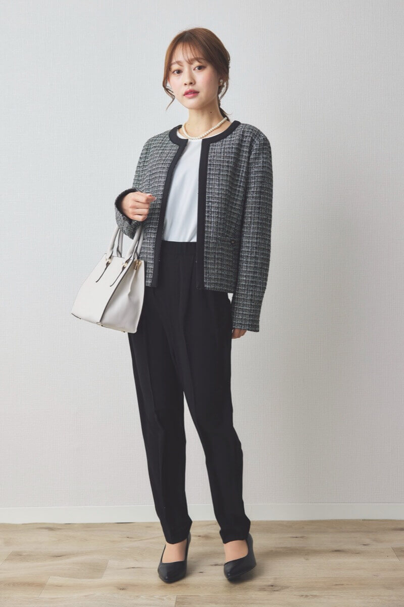 ブラックのツイードコンビテーパードパンツセレモニースーツセット