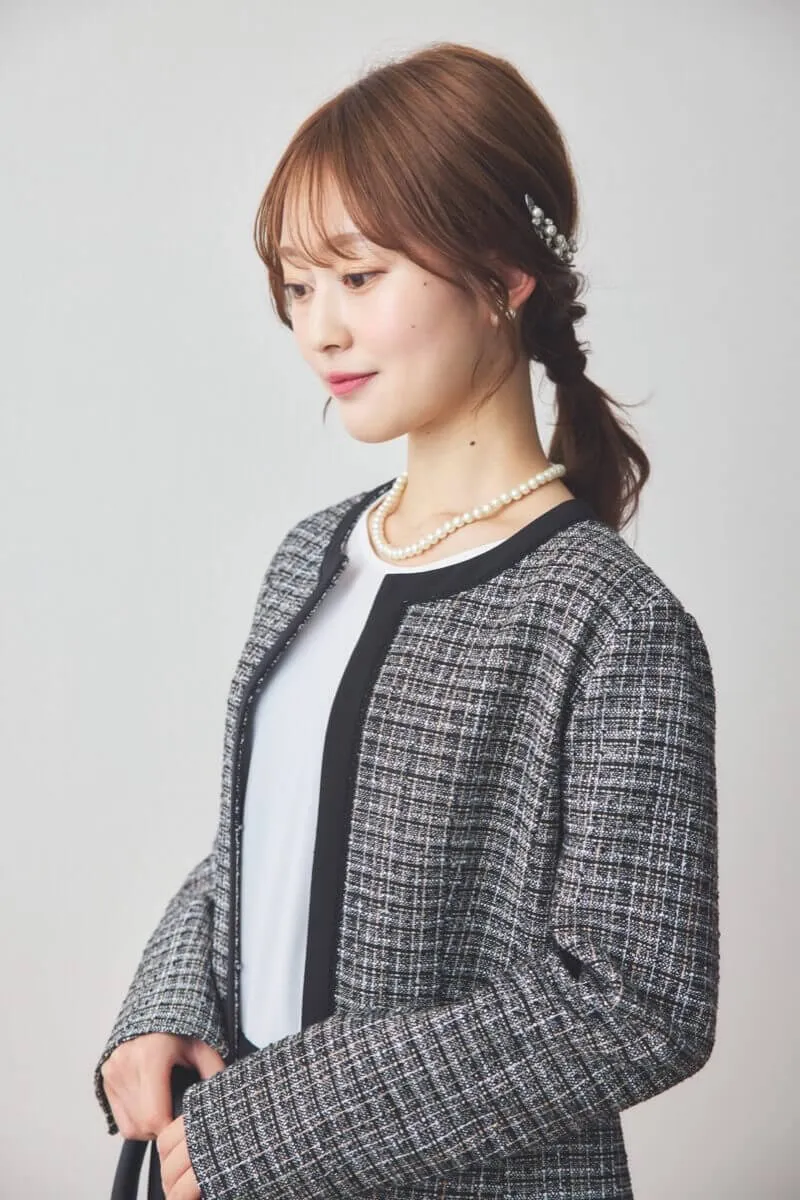 ブラックのツイードコンビテーパードパンツセレモニースーツセット