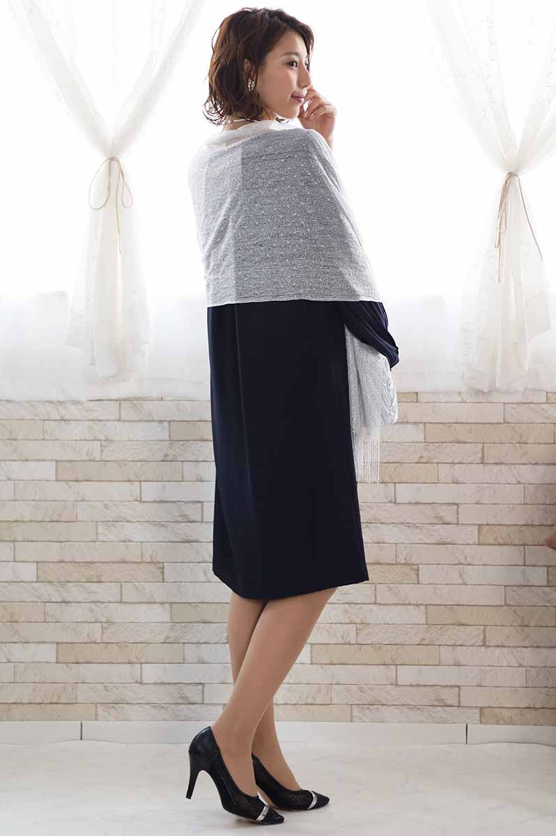 ネイビーのプリーツスリーブドレス