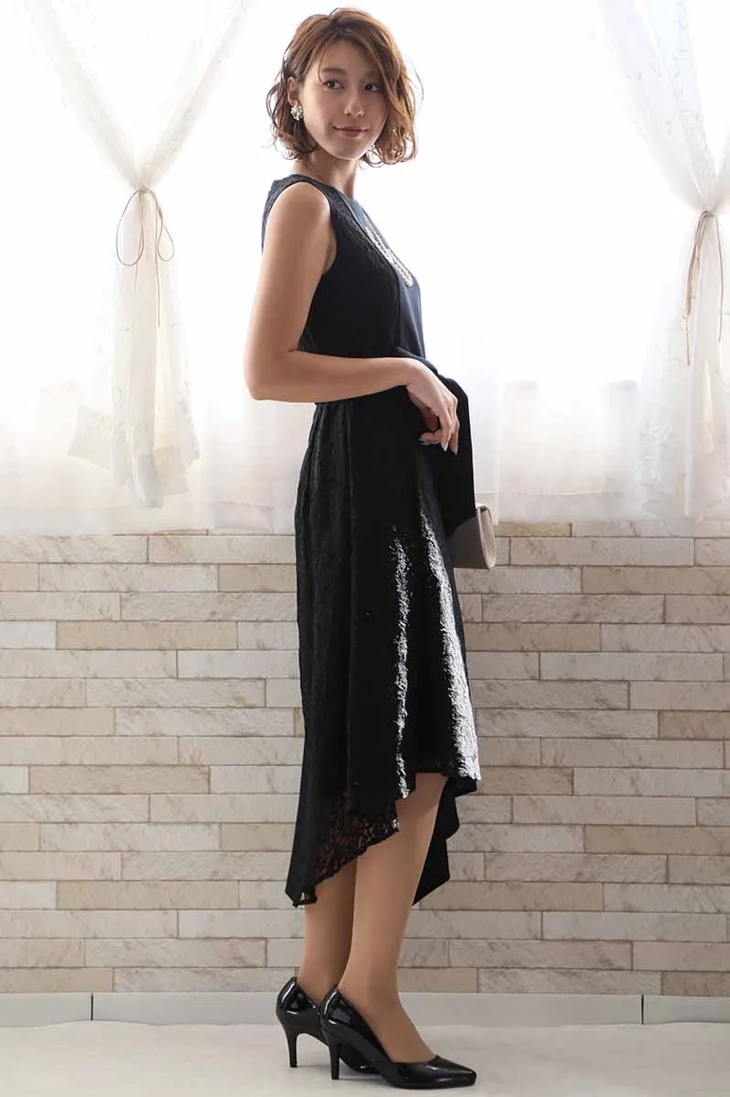 ネイビーのバイカラーレースアシンメトリードレス