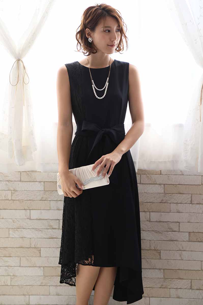 ネイビーのバイカラーレースアシンメトリードレス