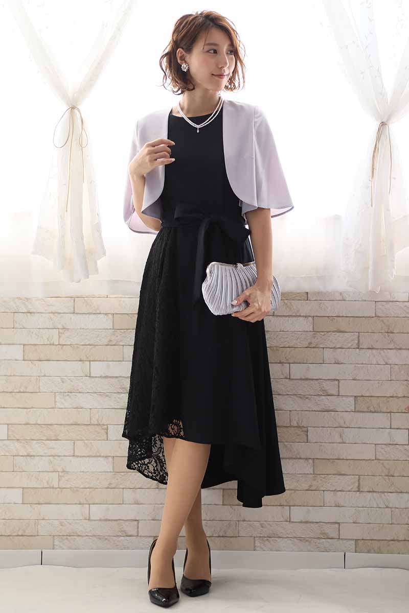 ネイビーのバイカラーレースアシンメトリードレス