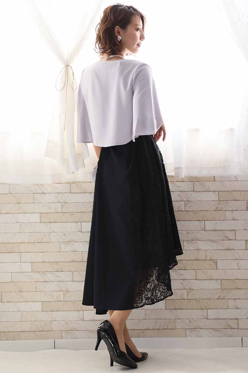 ネイビーのバイカラーレースアシンメトリードレス