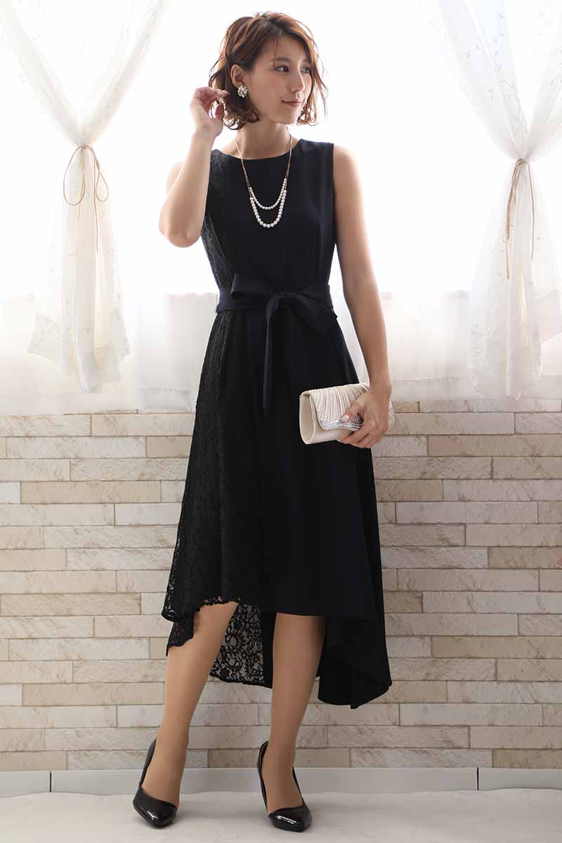 ネイビーのバイカラーレースドレスコーディネートセット