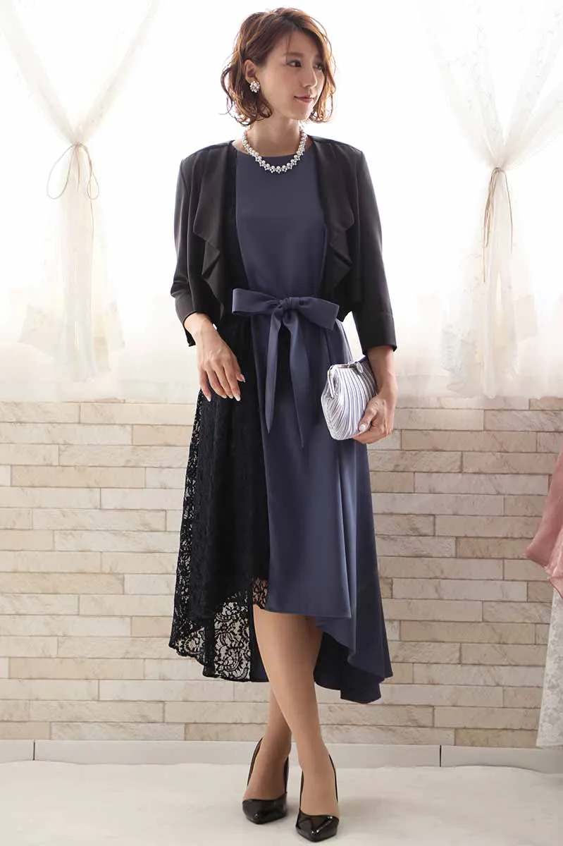 ブルーグレーのバイカラーレースドレスコーディネートセット