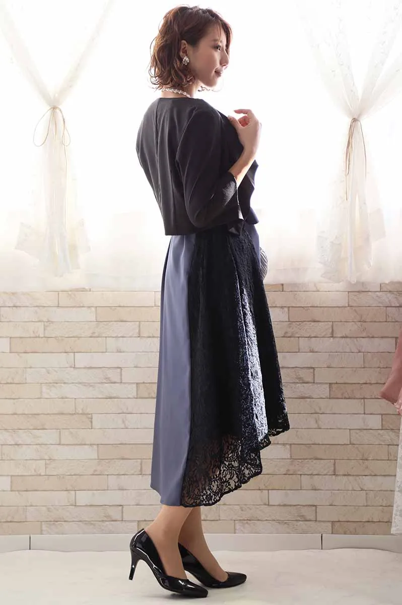 ブルーグレーのバイカラーレースドレスコーディネートセット