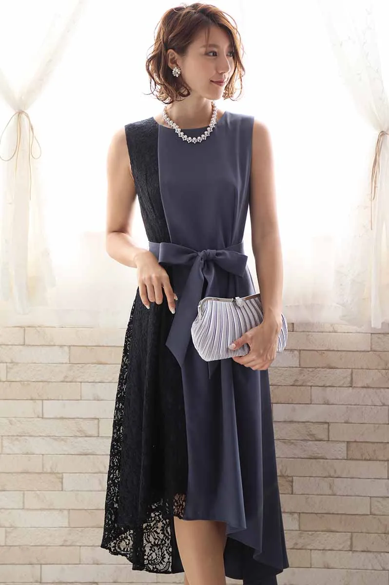 ブルーグレーのバイカラーレースドレスコーディネートセット