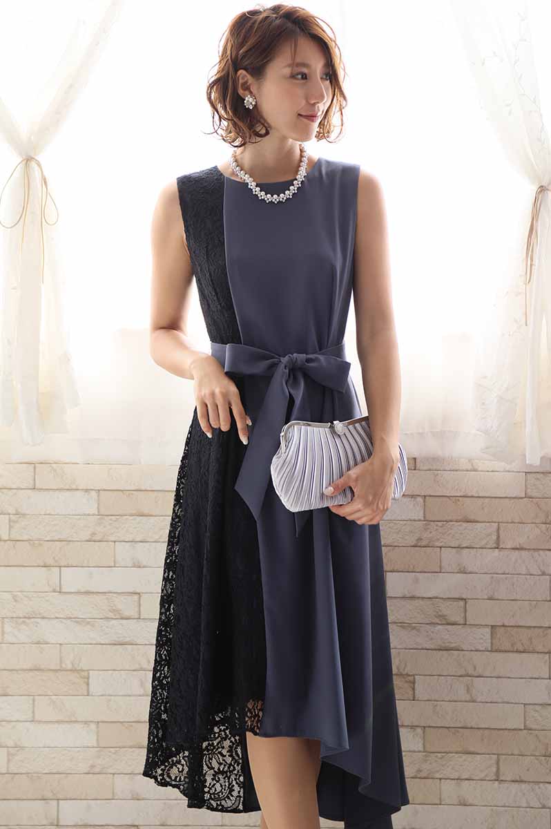 ブルーグレーのバイカラーレースドレスコーディネートセット