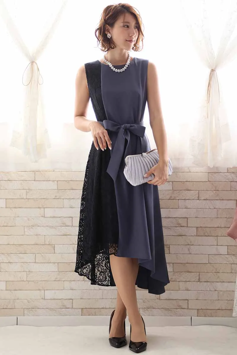 ブルーグレーのバイカラーレースアシンメトリードレス