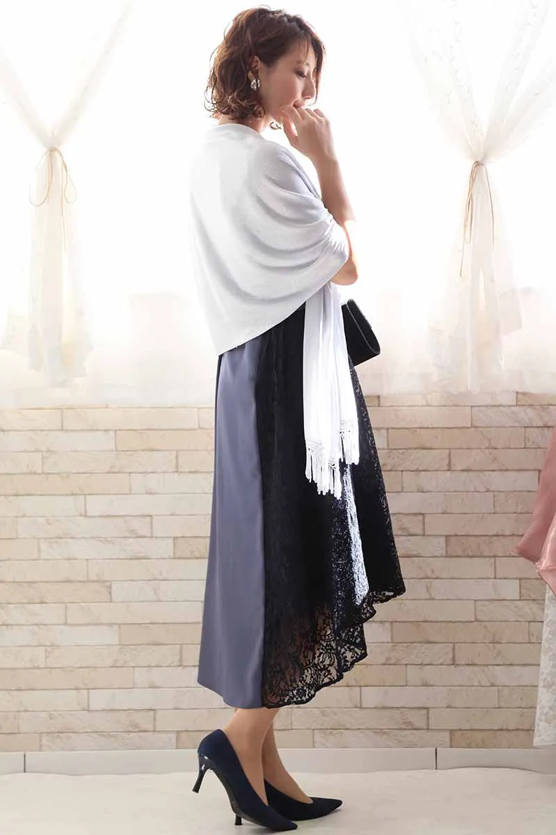 ブルーグレーのバイカラーレースアシンメトリードレス