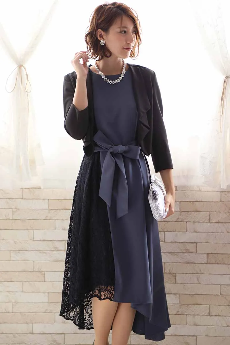 ブルーグレーのバイカラーレースアシンメトリードレス