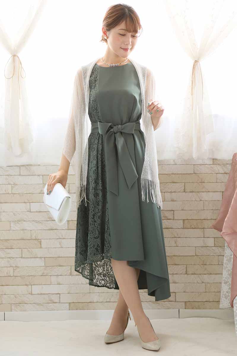 グリーンのバイカラーレースドレスコーディネートセット