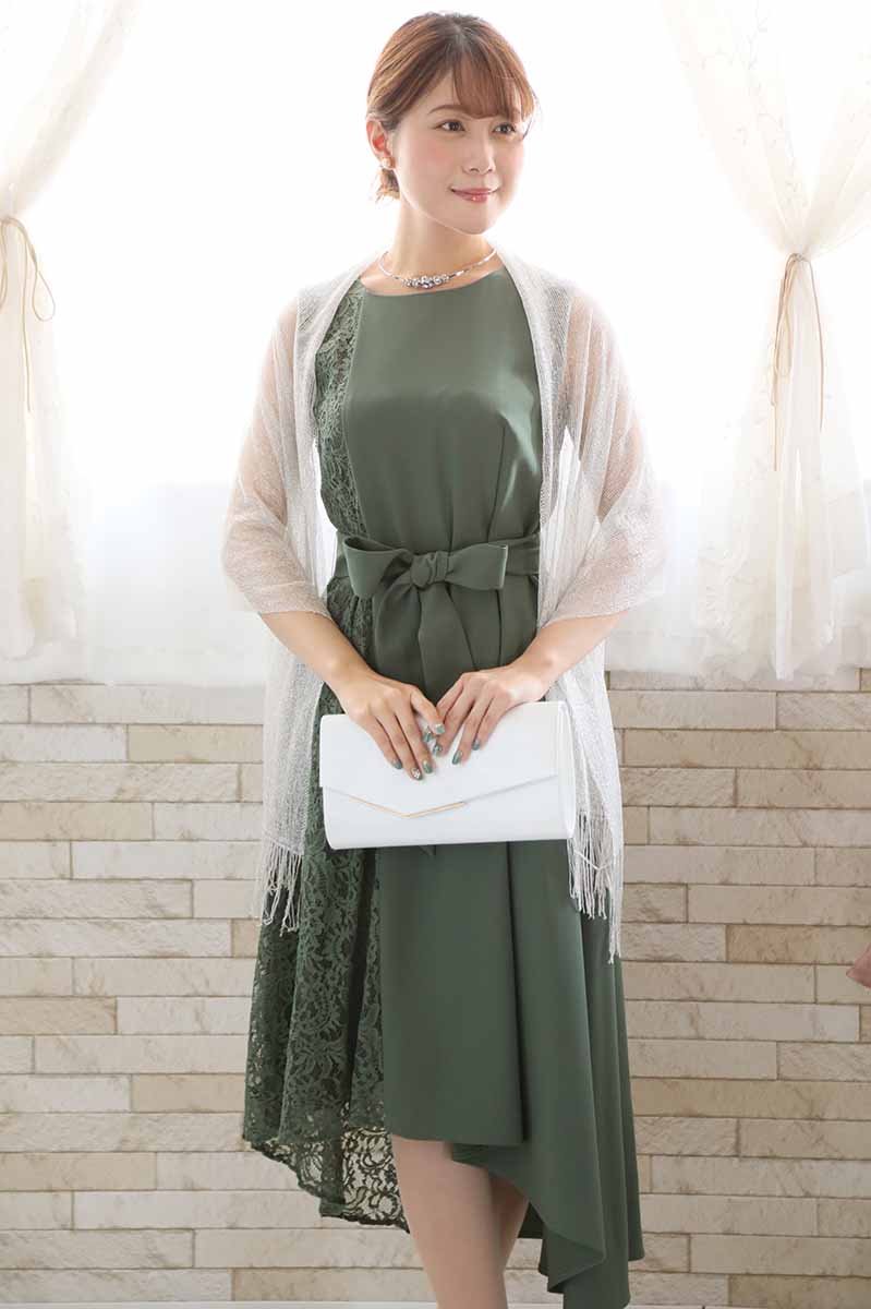 グリーンのバイカラーレースドレスコーディネートセット