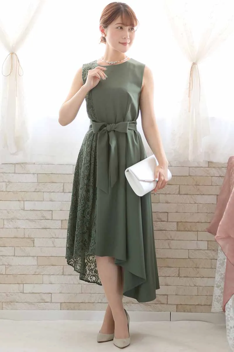 グリーンのバイカラーレースドレスコーディネートセット