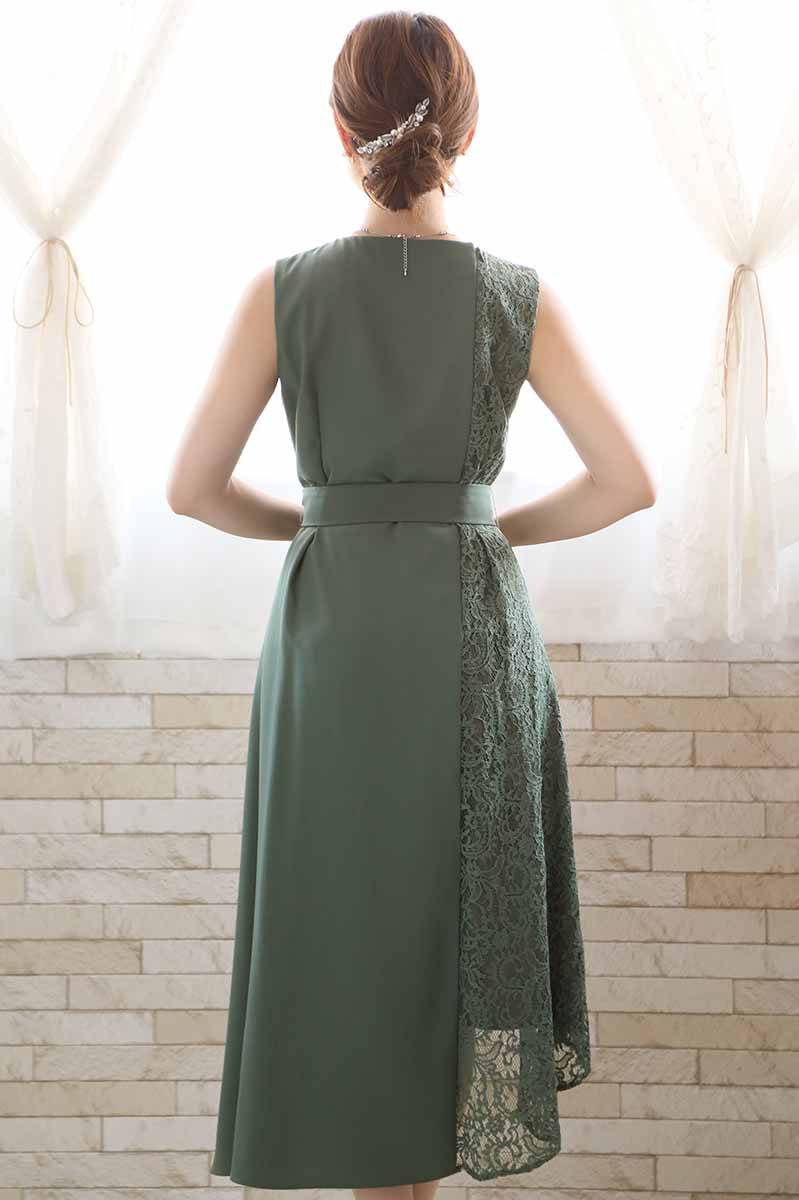 グリーンのバイカラーレースドレスコーディネートセット