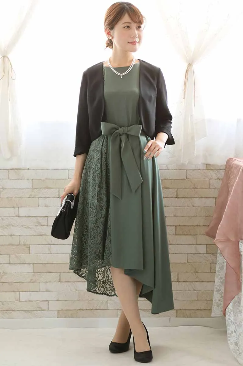 グリーンのバイカラーレースアシンメトリードレス