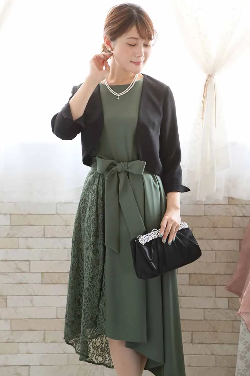 グリーンのバイカラーレースアシンメトリードレス