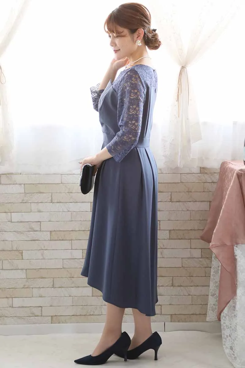 ブルーグレーの七分袖レースビスチェデザインドレス