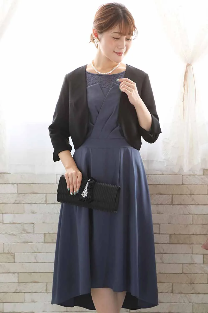 ブルーグレーの七分袖レースビスチェデザインドレス