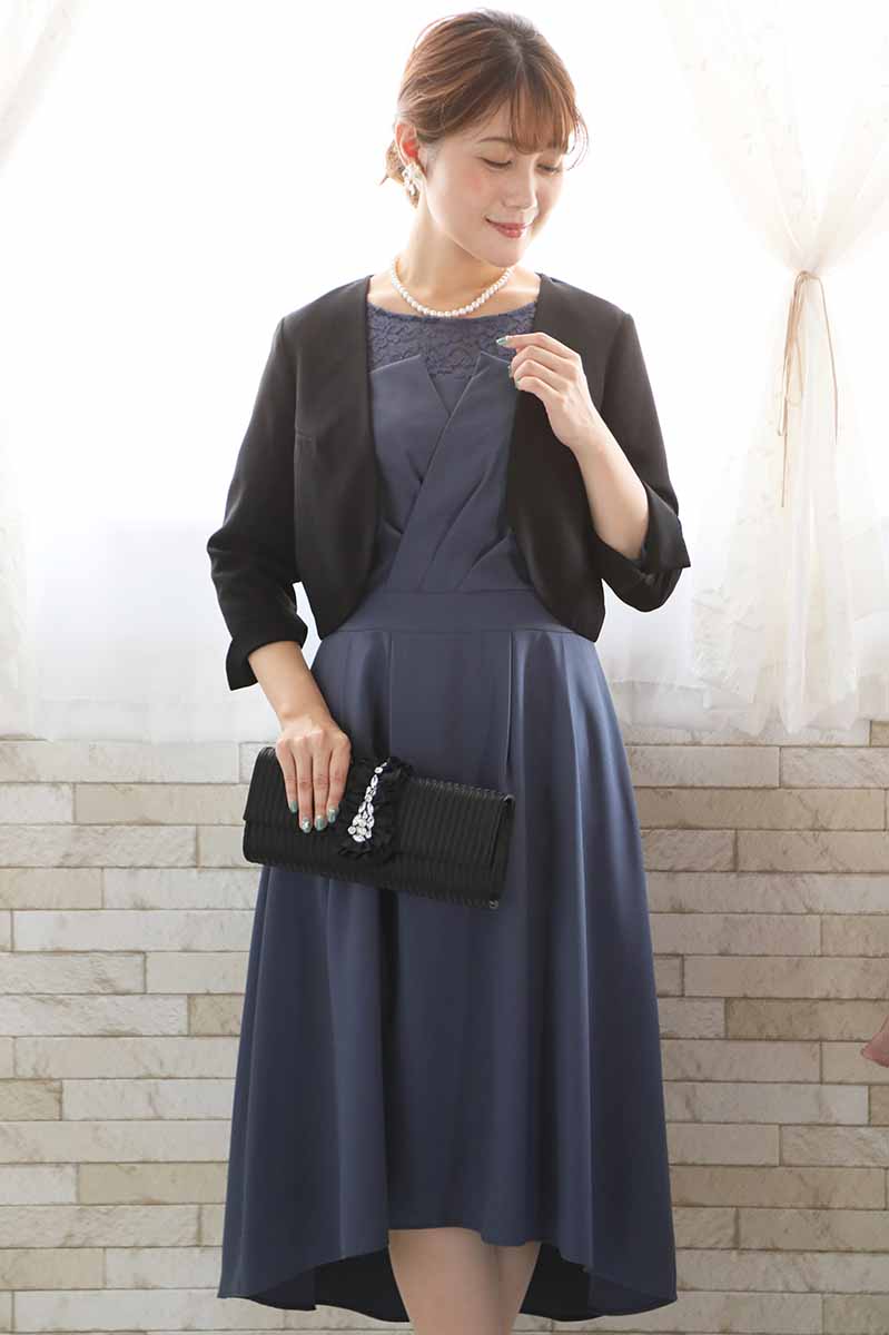 ブルーグレーの七分袖レースビスチェデザインドレス