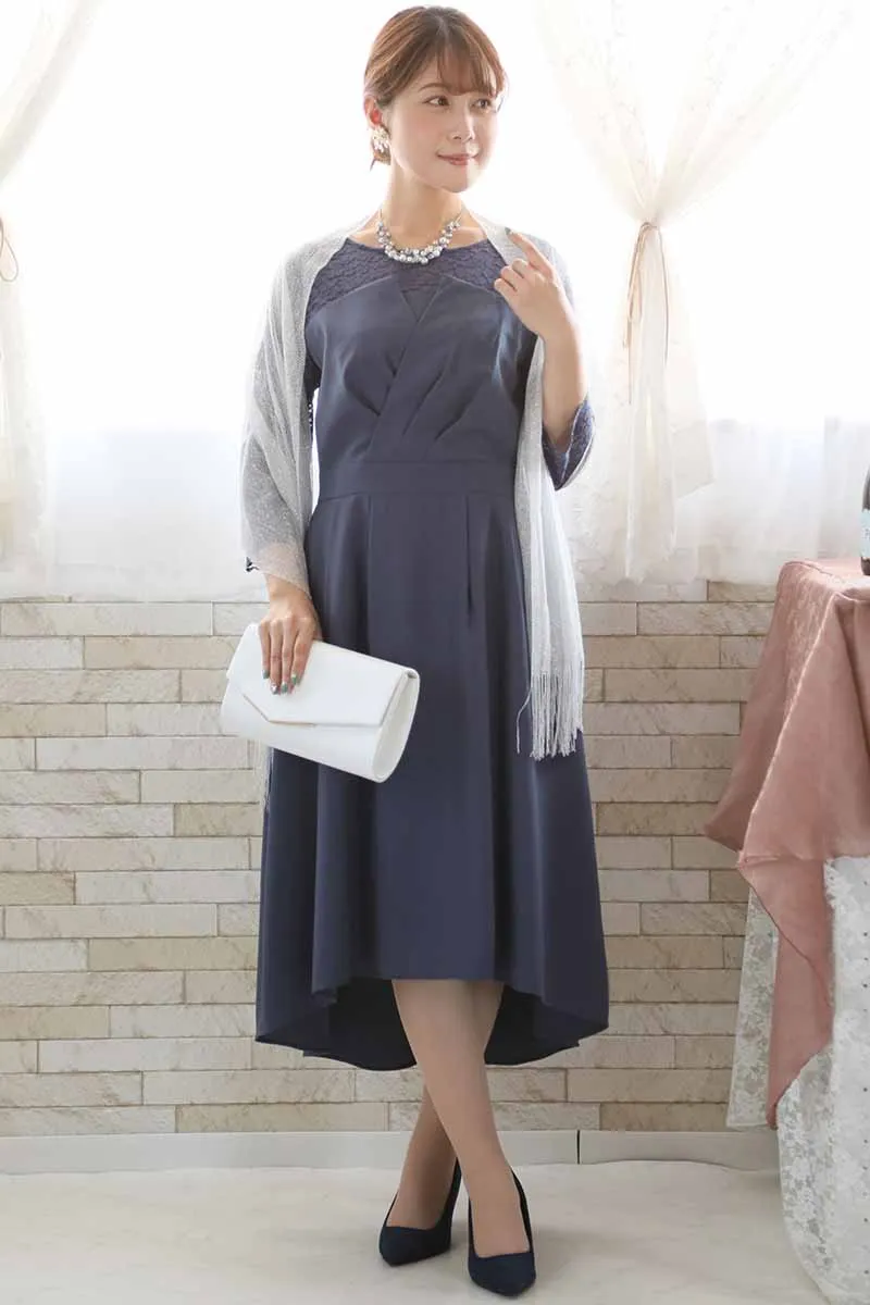 ブルーグレーの七分袖レースビスチェデザインドレス