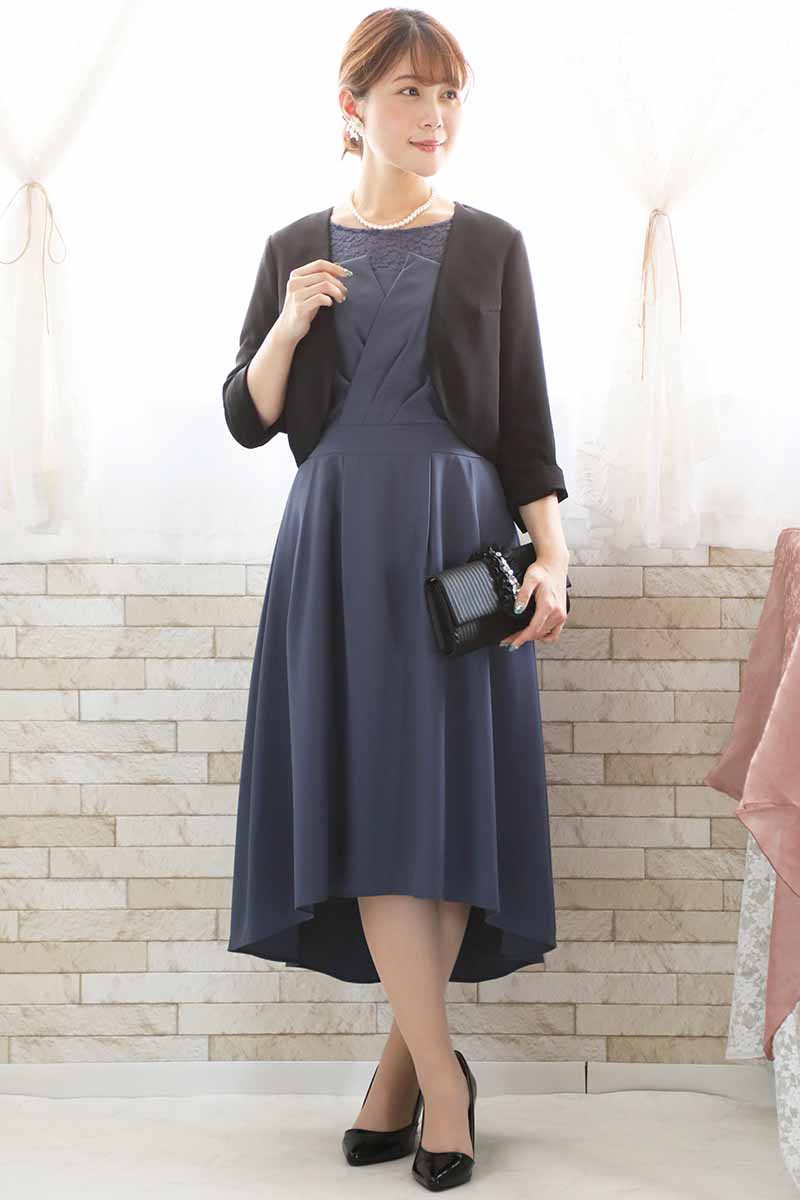 ブルーグレーの七分袖レースビスチェデザインドレス