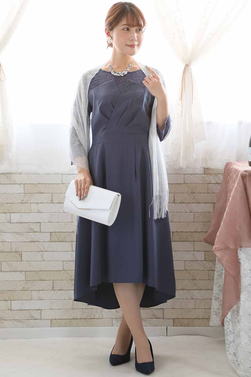 ブルーグレーの七分袖レースビスチェデザインドレス