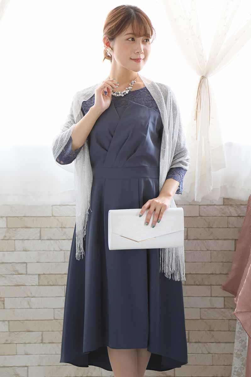 ブルーグレーの七分袖レースビスチェデザインドレス