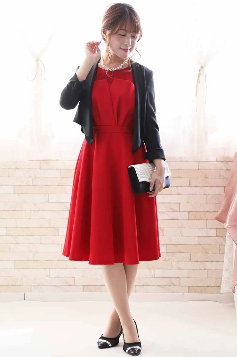 レッドのビスチェ風ノースリーブドレス