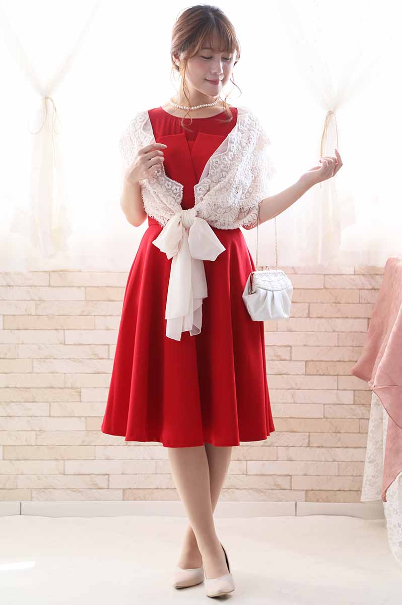 レッドのビスチェ風ノースリーブドレス