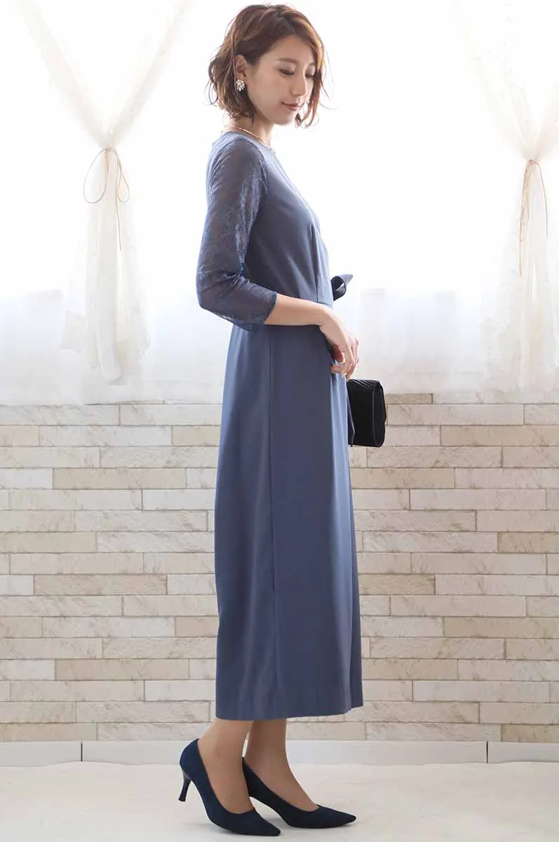 ブルーグレーの七分袖レースガウチョパンツドレス