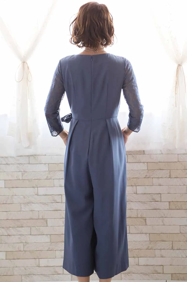 ブルーグレーの七分袖レースガウチョパンツドレス