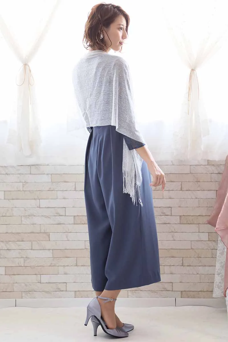 ブルーグレーの七分袖レースガウチョパンツドレス