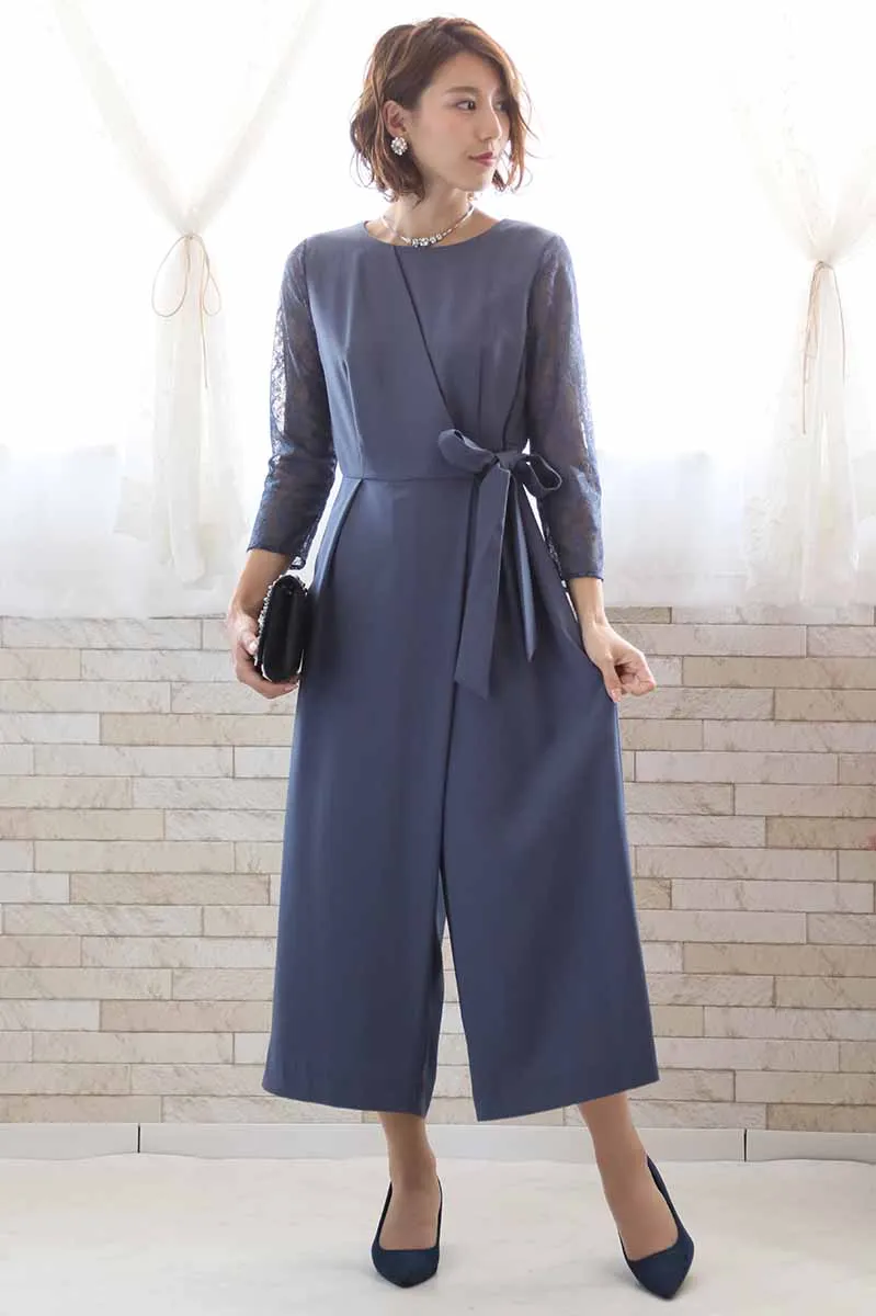 ブルーグレーの七分袖レースガウチョパンツドレス