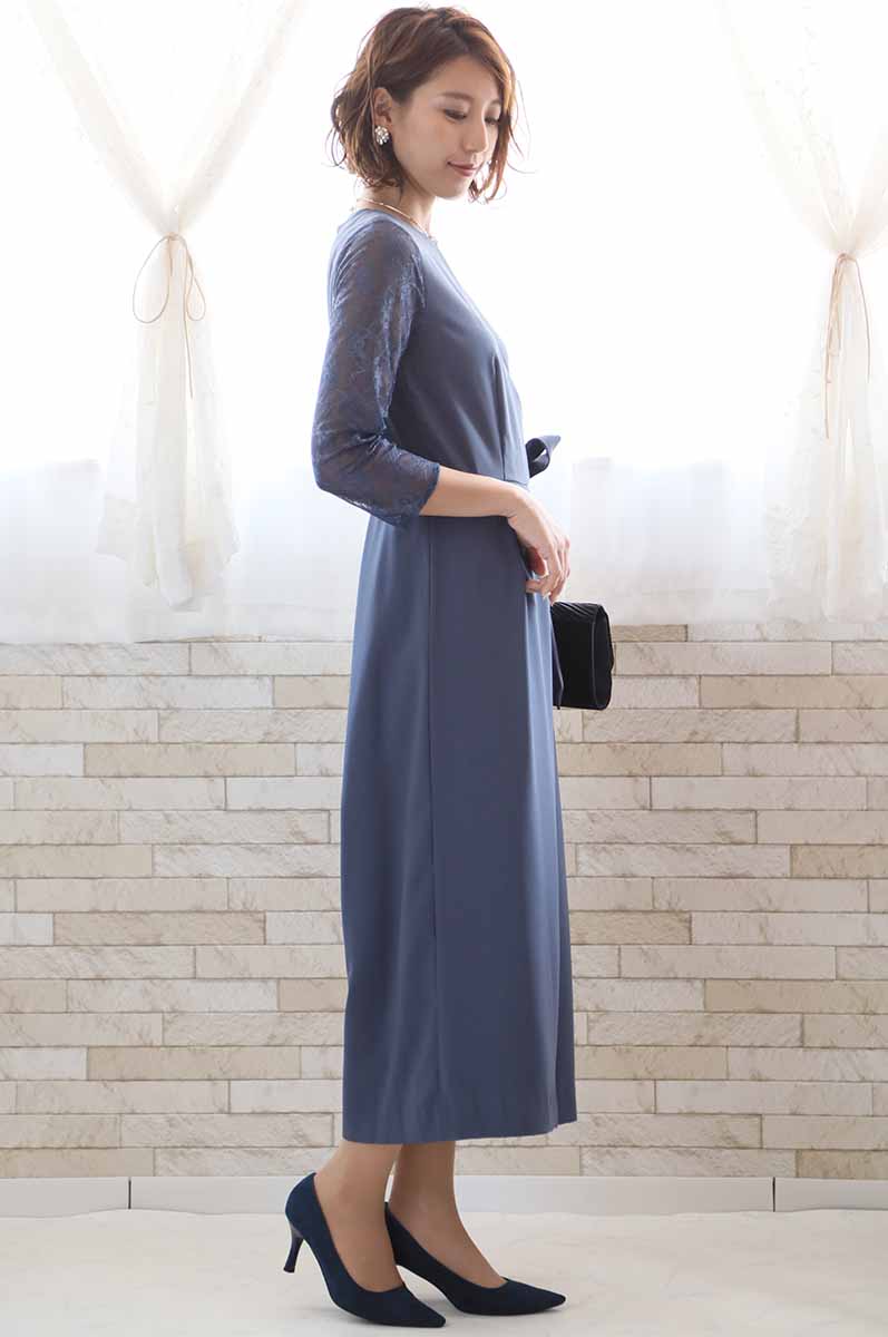 ブルーグレーの七分袖レースガウチョパンツドレス