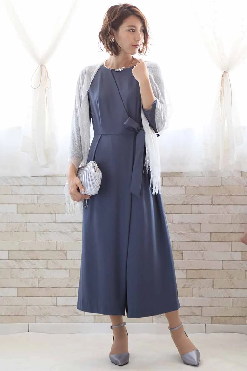 ブルーグレーの七分袖レースガウチョパンツドレス