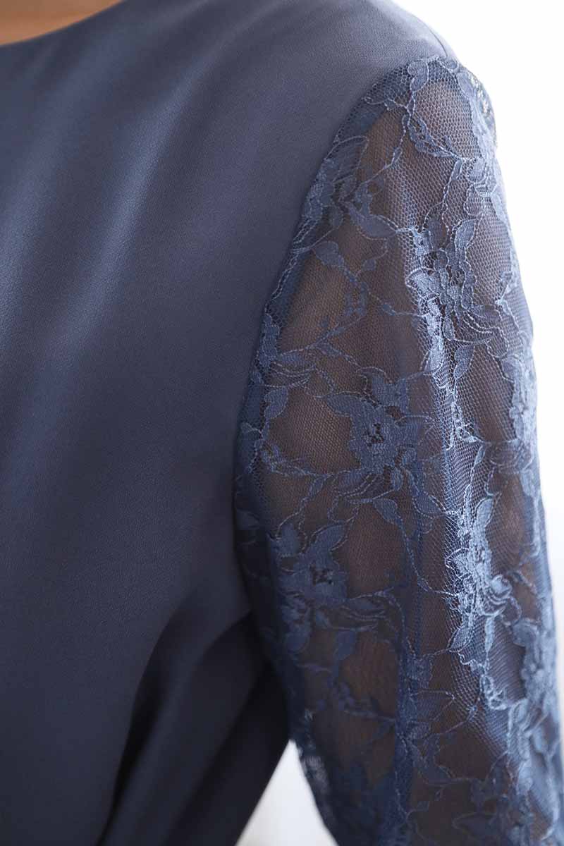 ブルーグレーの七分袖レースガウチョパンツドレス