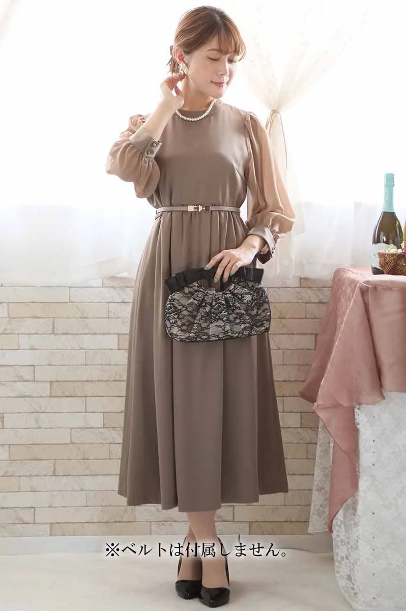 ブラウンのオーガンジースリーブクラシカルドレス
