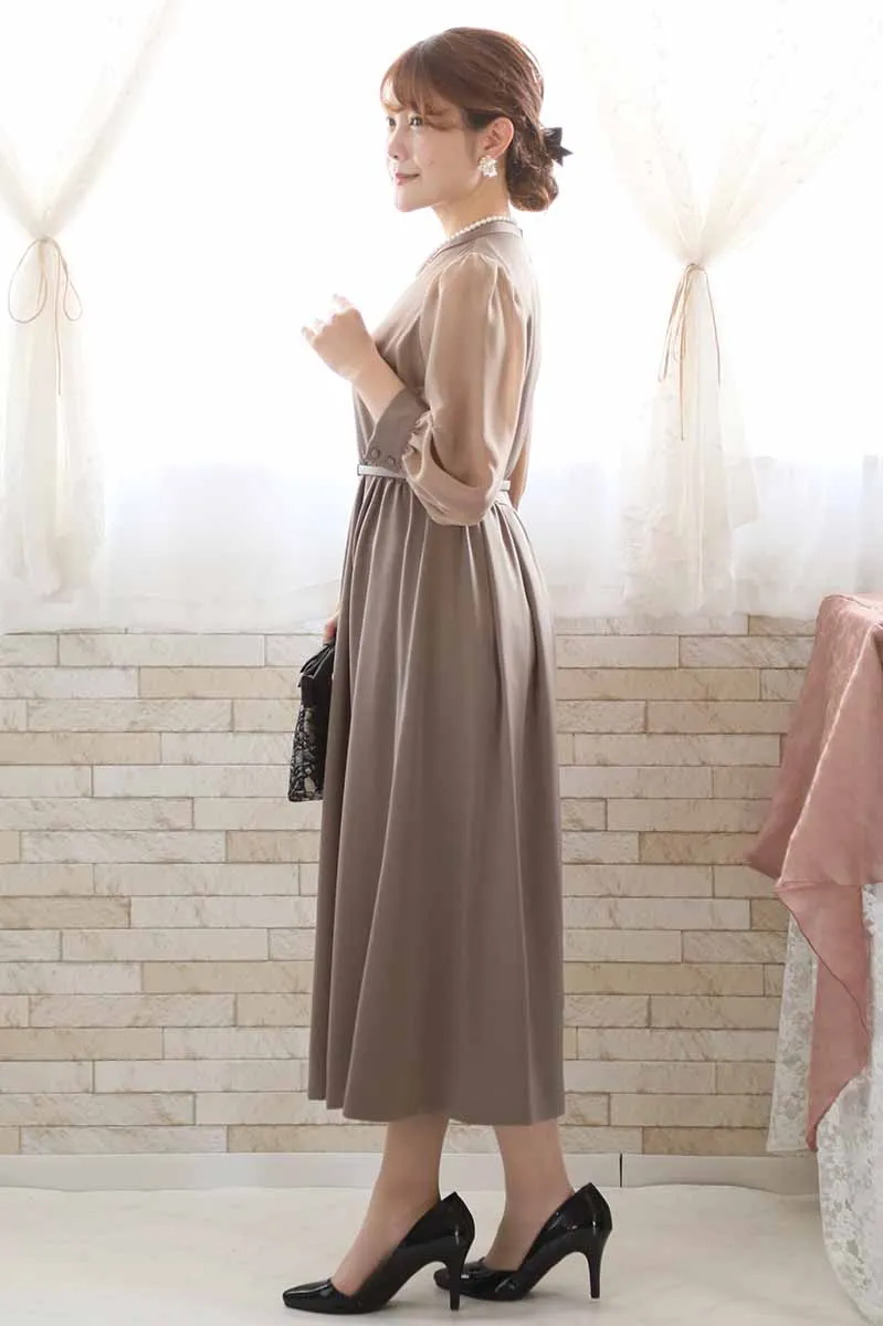 ブラウンのオーガンジースリーブクラシカルドレス