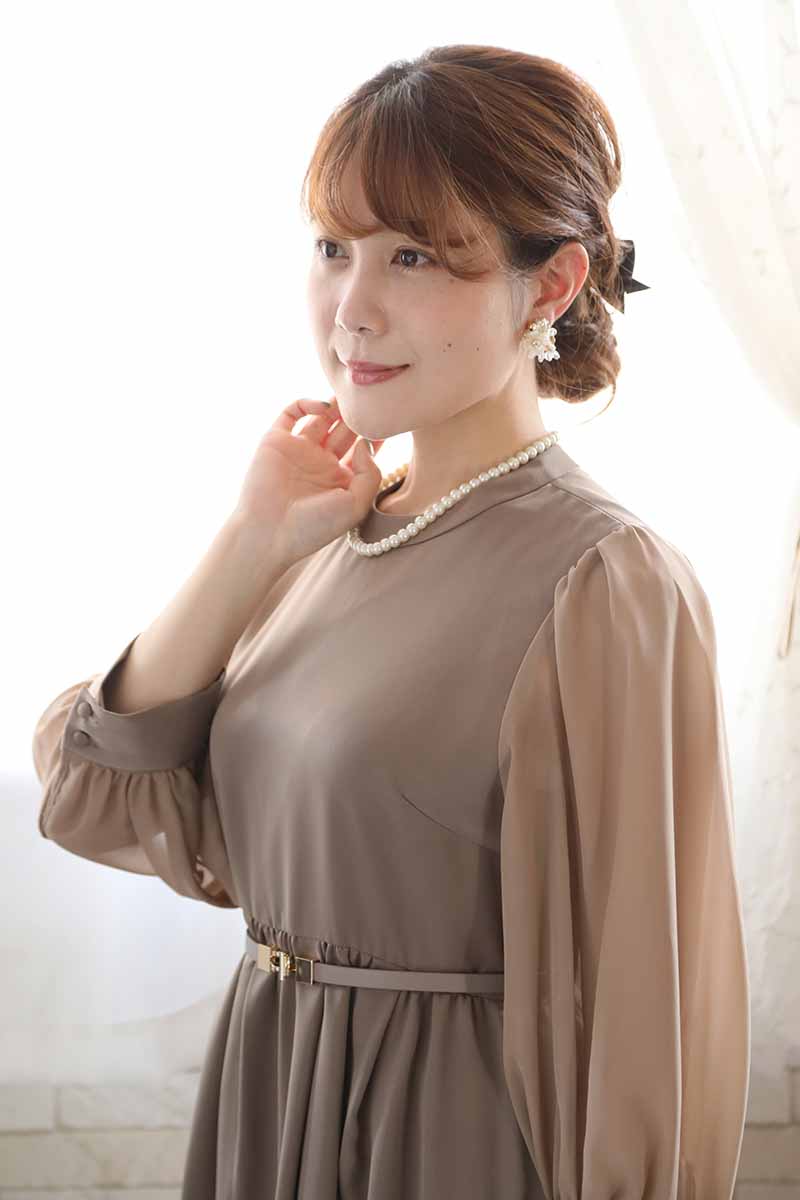 ブラウンのオーガンジースリーブクラシカルドレス