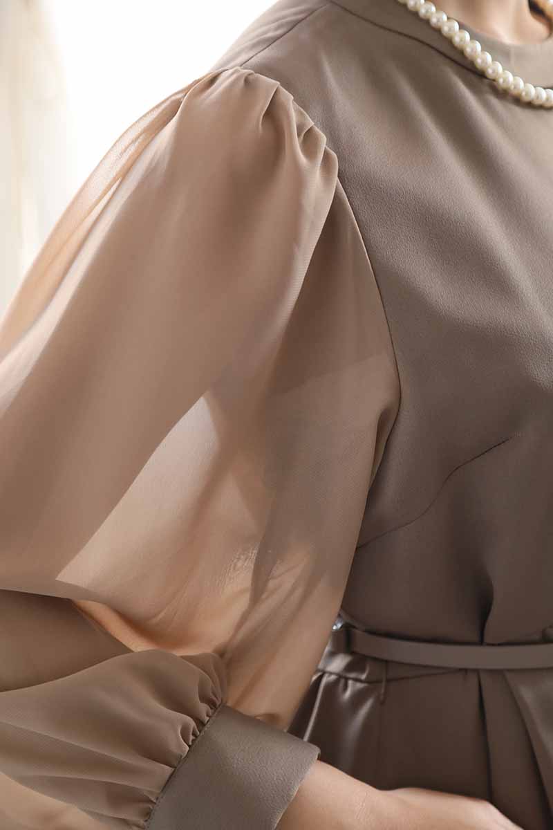 ブラウンのオーガンジースリーブクラシカルドレス