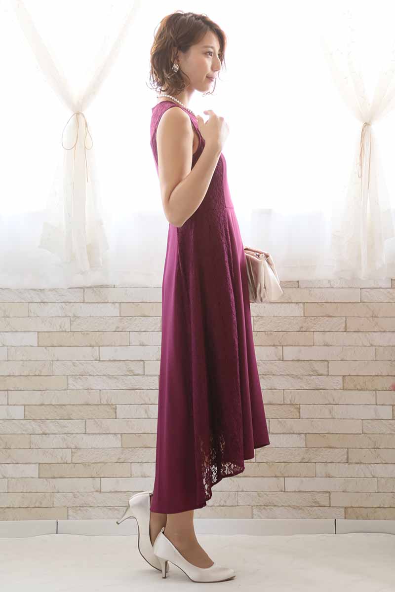 パープルのサイドレースフィッシュテールドレス