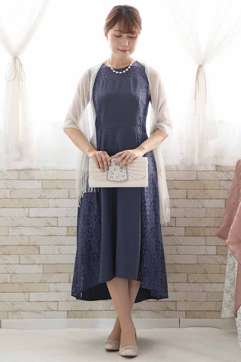 ブルーグレーのサイドレースフィッシュテールドレス