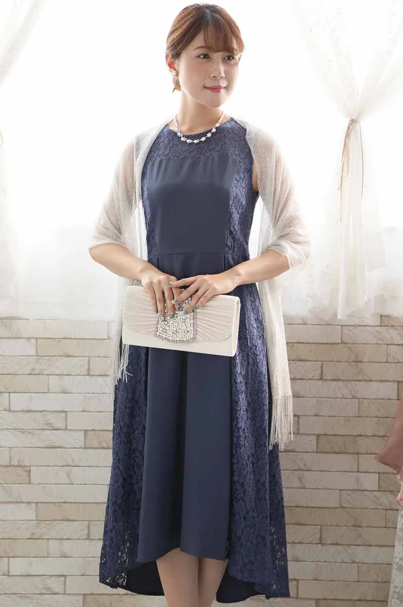 ブルーグレーのサイドレースフィッシュテールドレス