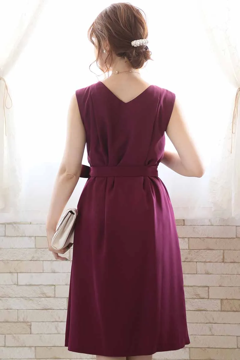 ワインレッドのプリーツレース2wayドレス