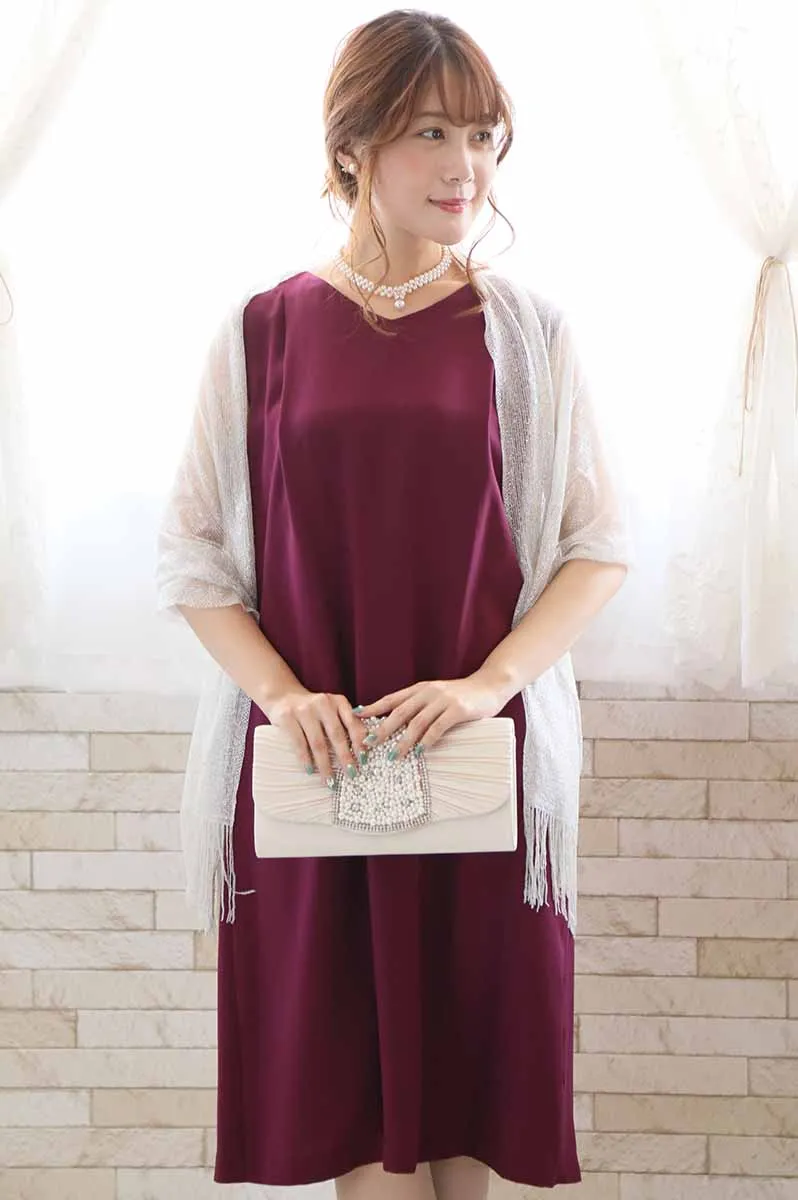 ワインレッドのプリーツレース2wayドレス