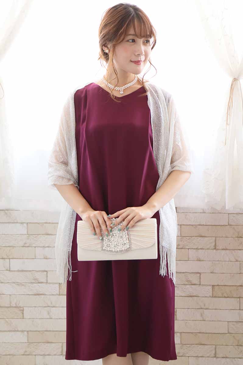 ワインレッドのプリーツレース2wayドレス